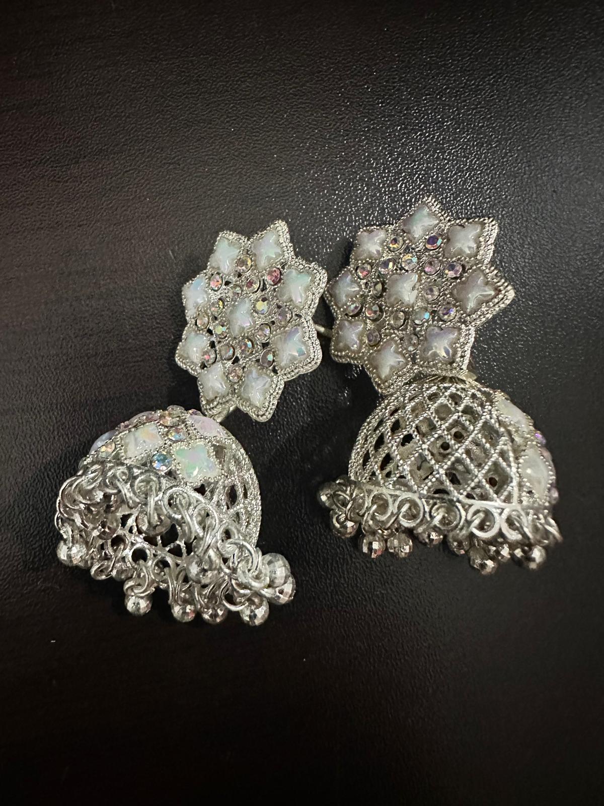 Beautiful Jhumka Earrings (Silver) Flower Design