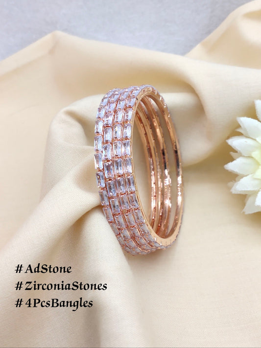 4PCS FULL AD STONE PREMIUM BANGLES IN WHITE DIAMOND IN BRASS METAL - ROSE