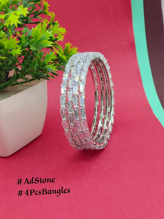 4PCS AD STONE PREMIUM BANGLES IN BRASS METAL RODIUM