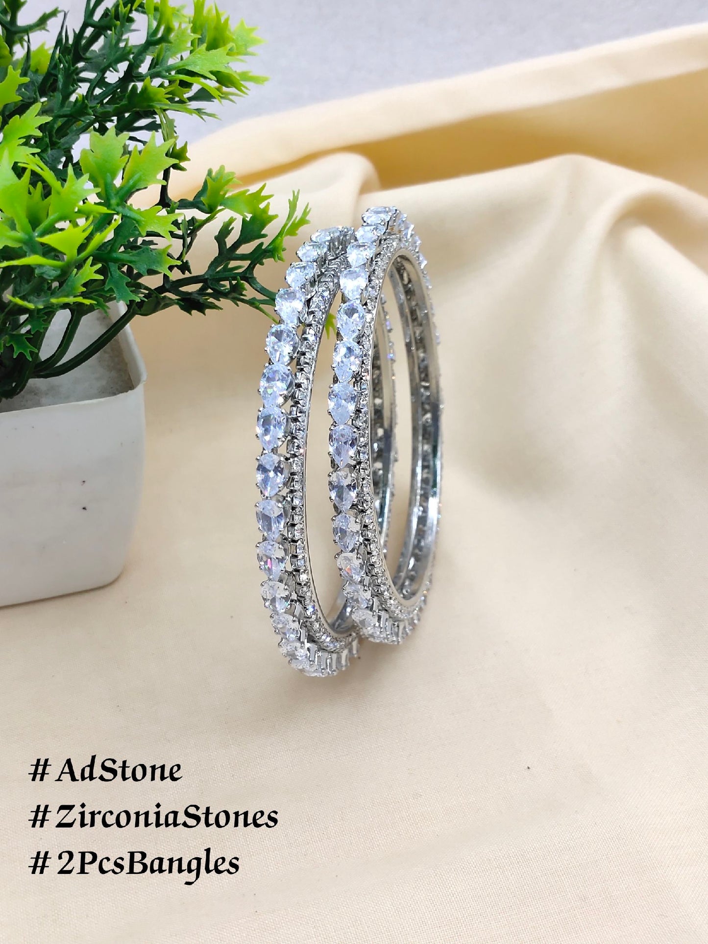 2PCS AD STONE PREMIUM BANGLES IN WHITE DIAMOND IN BRASS METAL RODIUM