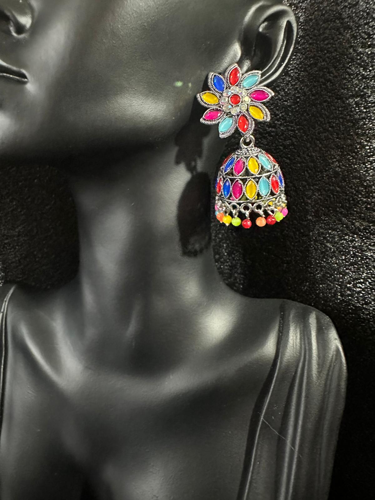 Beautiful Jhumka Colorful Earrings - Unique Flower Design