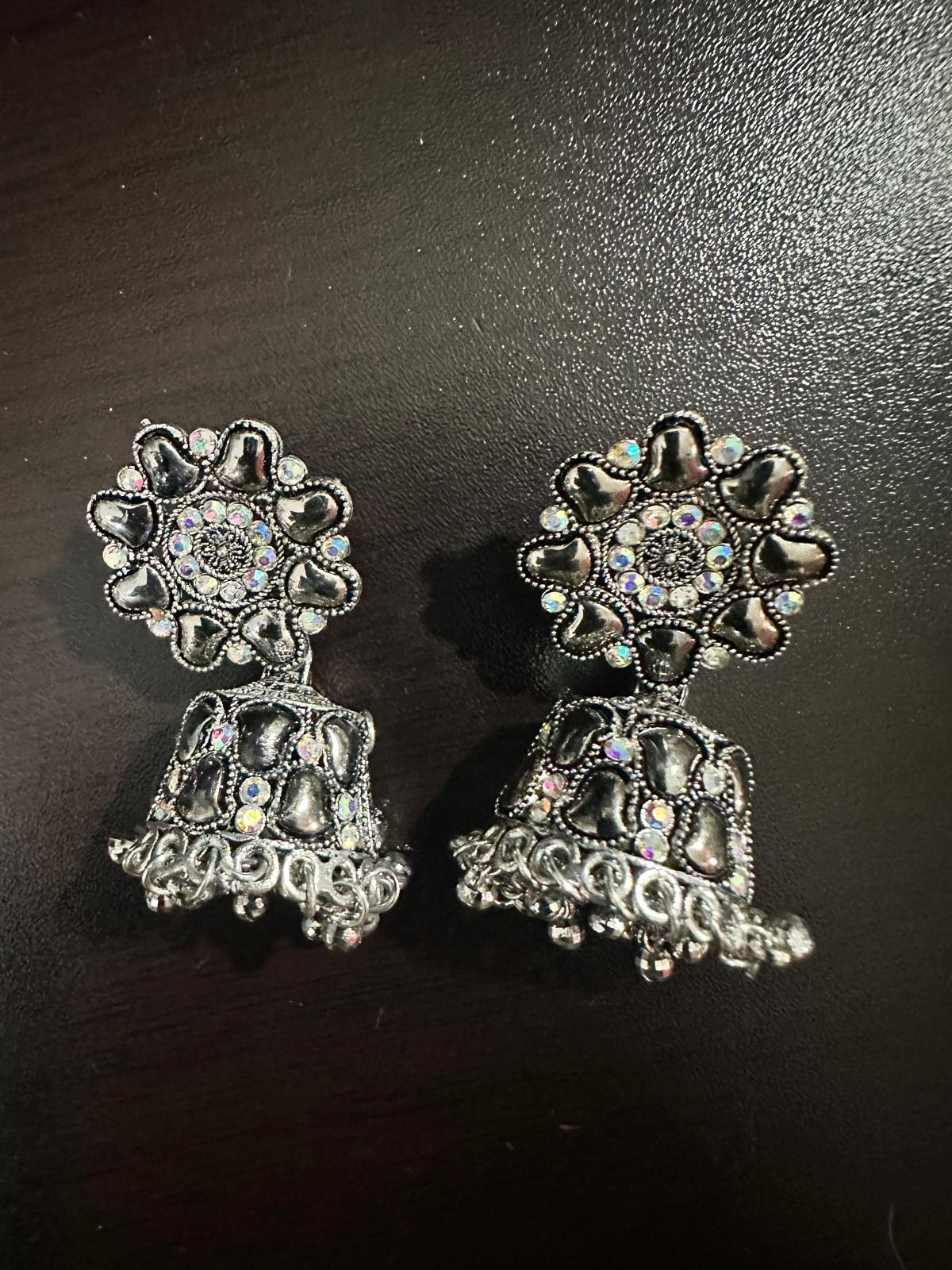 Beautiful Jhumka Colorful Earrings - Unique Silver Flower Design