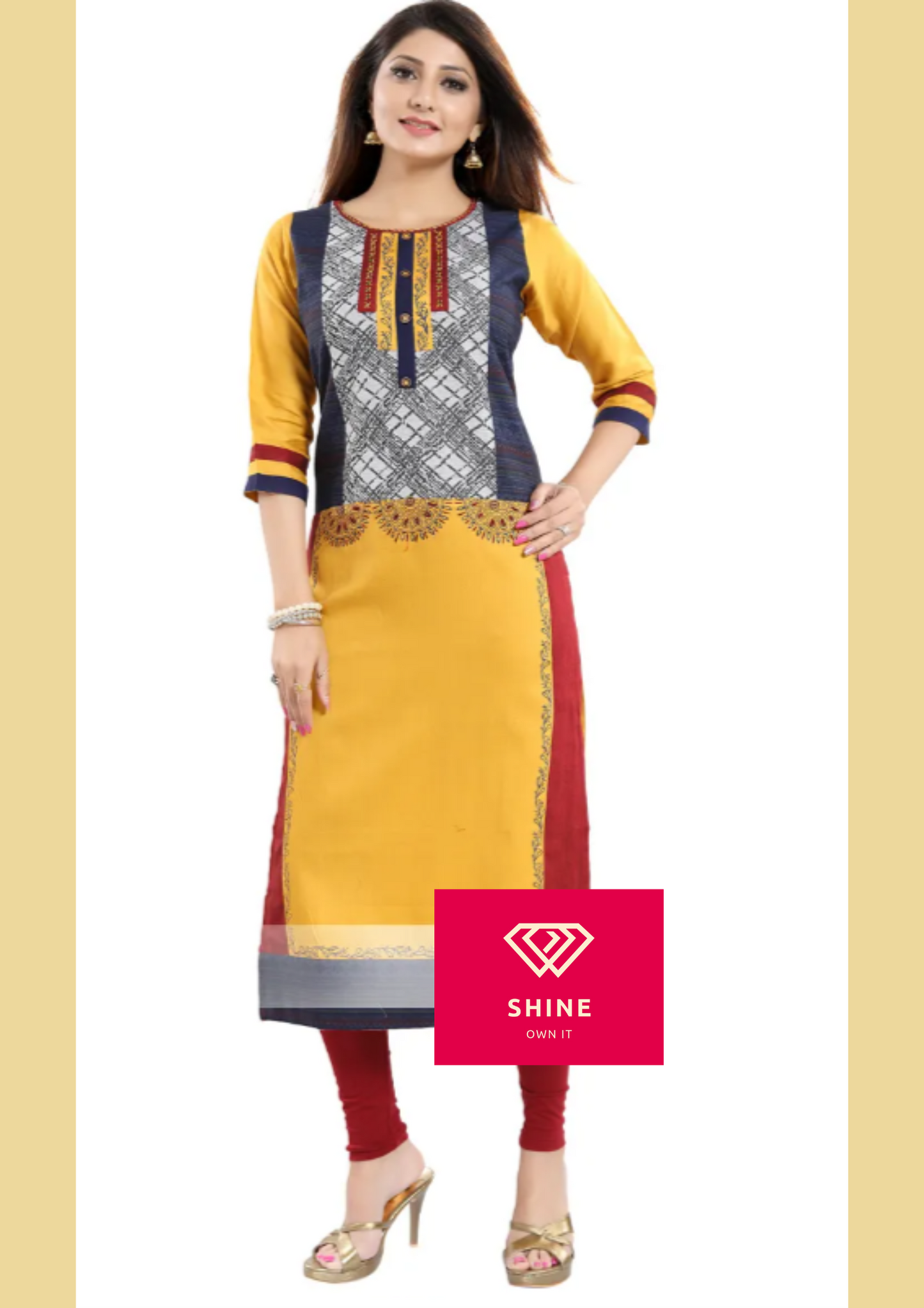 Glow On Yellow Designer Fancy Fabric Long Kurti with Buttons