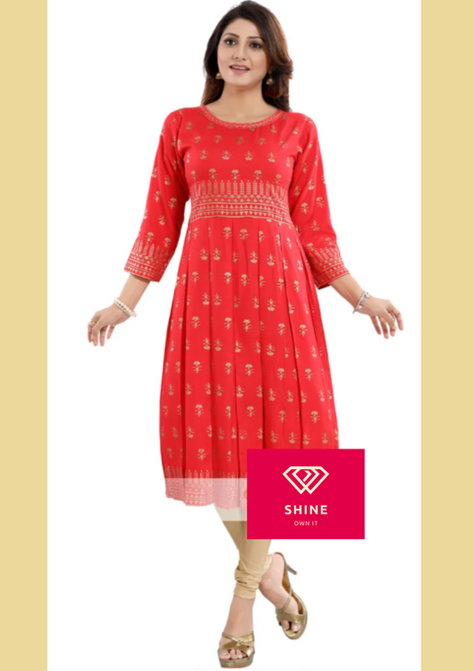 Flamboyant Red Rayon Printed Frock Style Tunic with Block Pleats