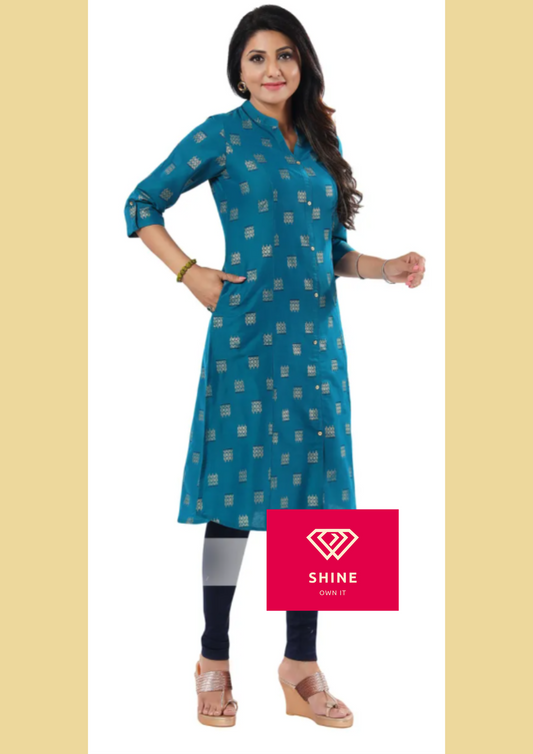 Pleasing Peacock Cotton Silk Print Long Kurta For Women