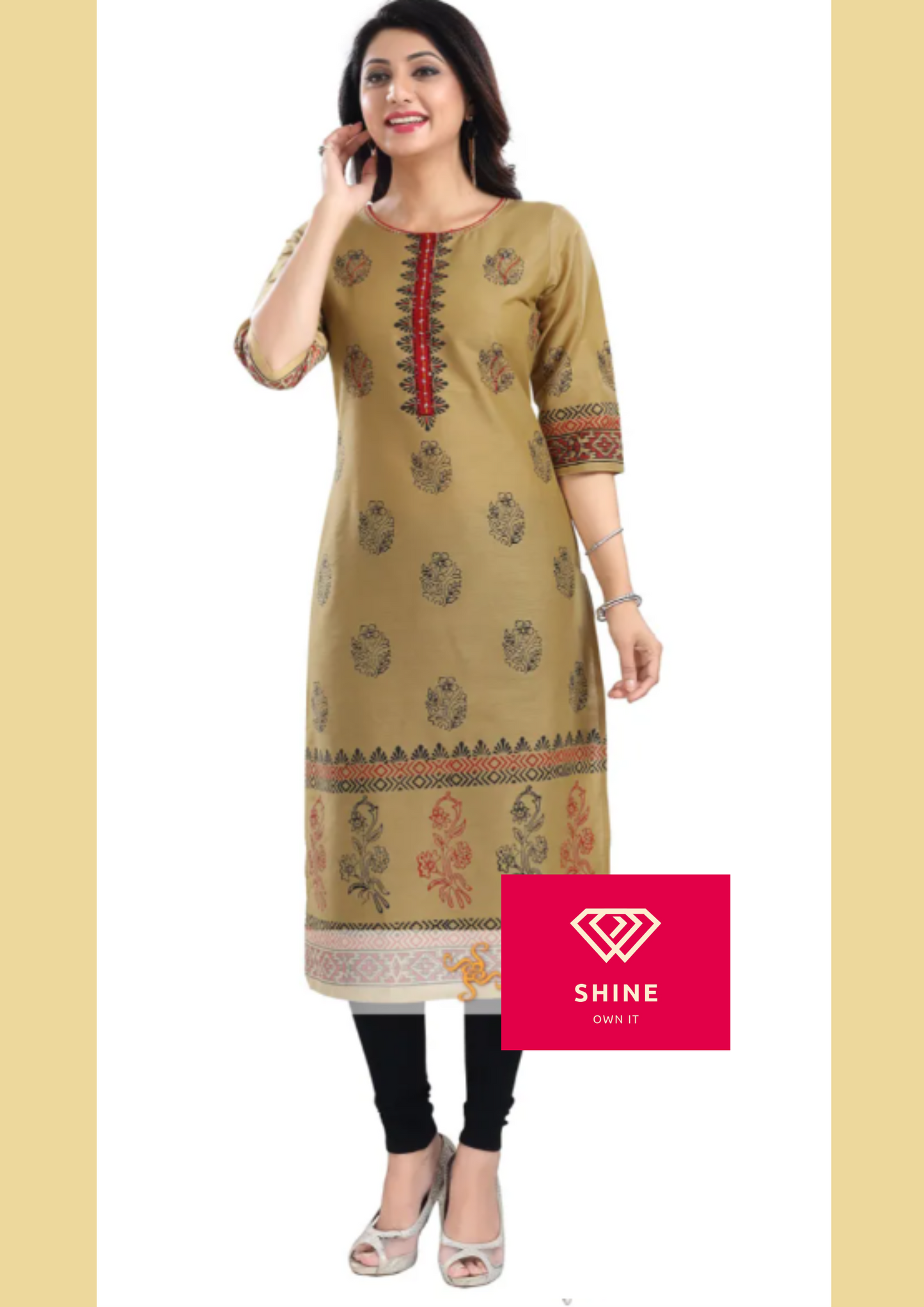 Beige Cotton Silk Block Print Long Kurta For Women