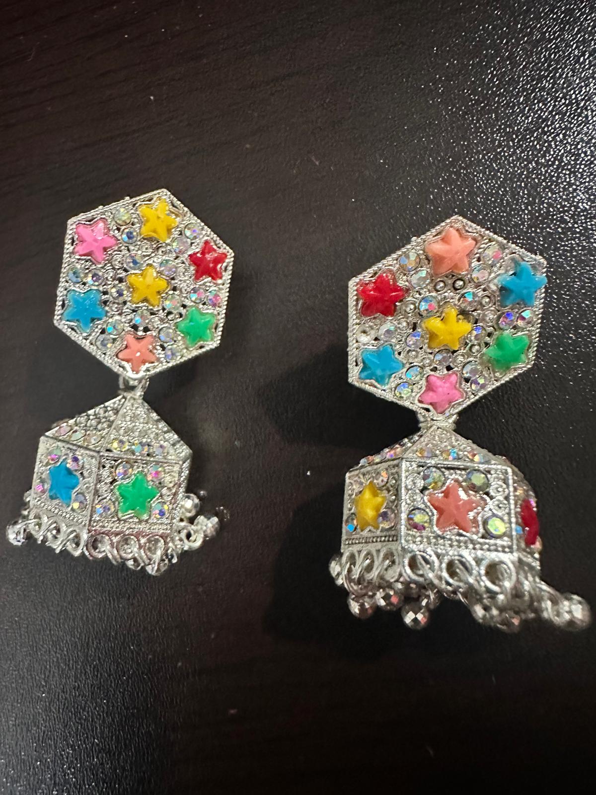 Beautiful Jhumka Colorful Earrings - Hexagon Design