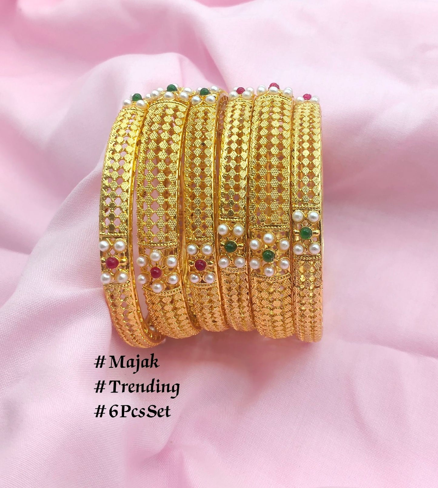 6PCS BANGLES SET IN PEARL MOTI WITH RUBY GREEN SET IN GOLD