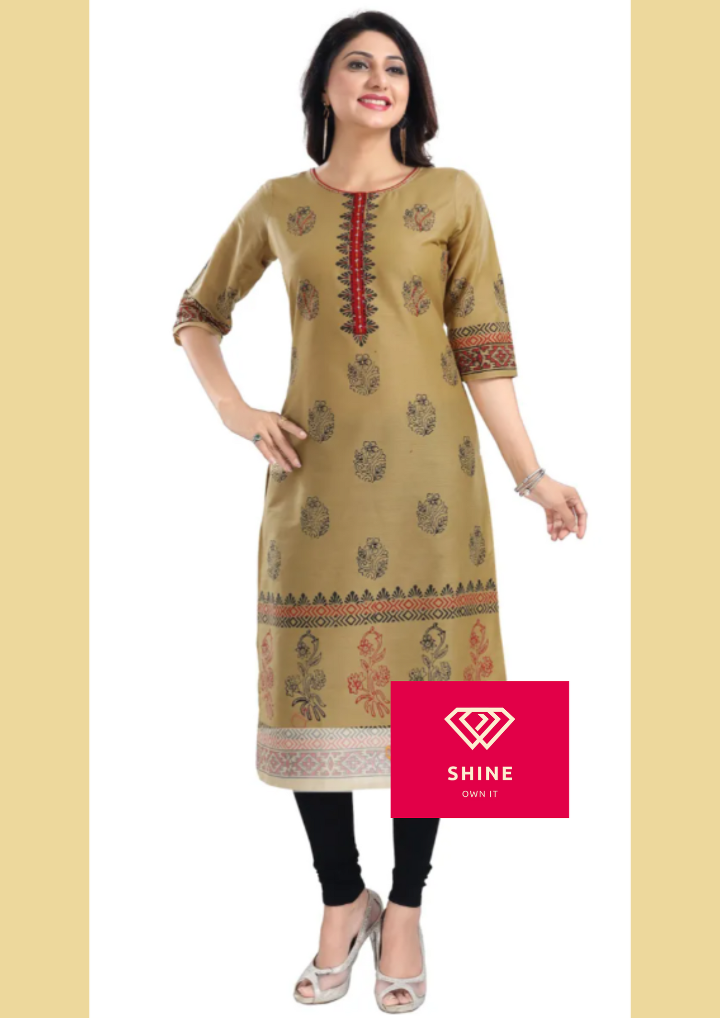 Beige Cotton Silk Block Print Long Kurta For Women