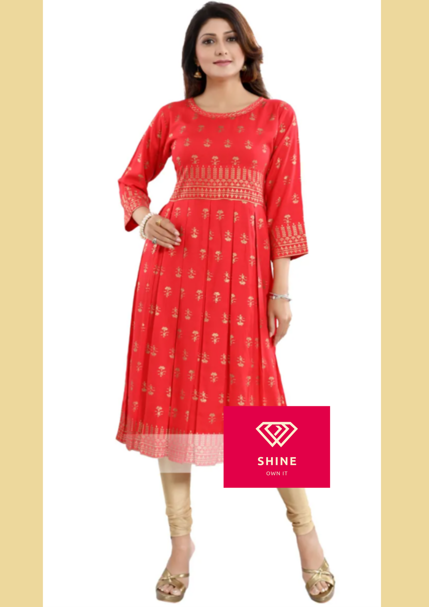 Flamboyant Red Rayon Printed Frock Style Tunic with Block Pleats