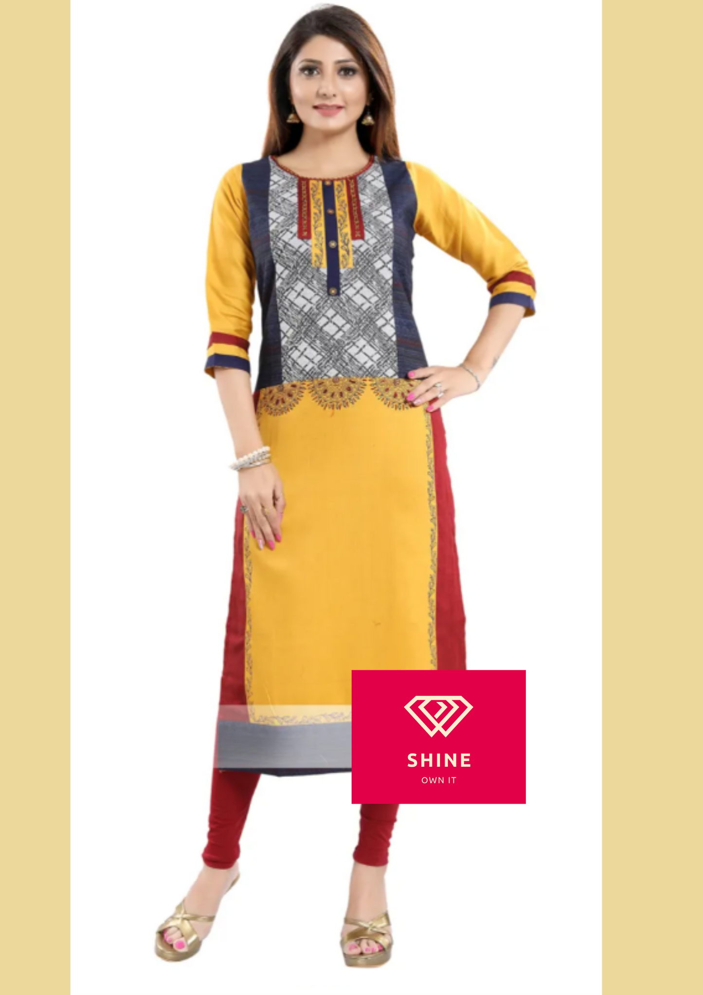 Glow On Yellow Designer Fancy Fabric Long Kurti with Buttons