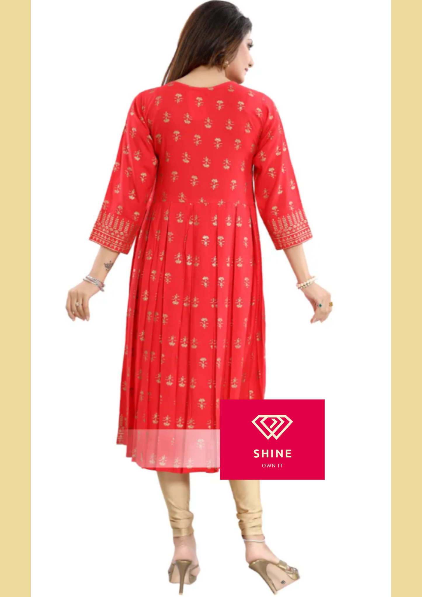 Flamboyant Red Rayon Printed Frock Style Tunic with Block Pleats