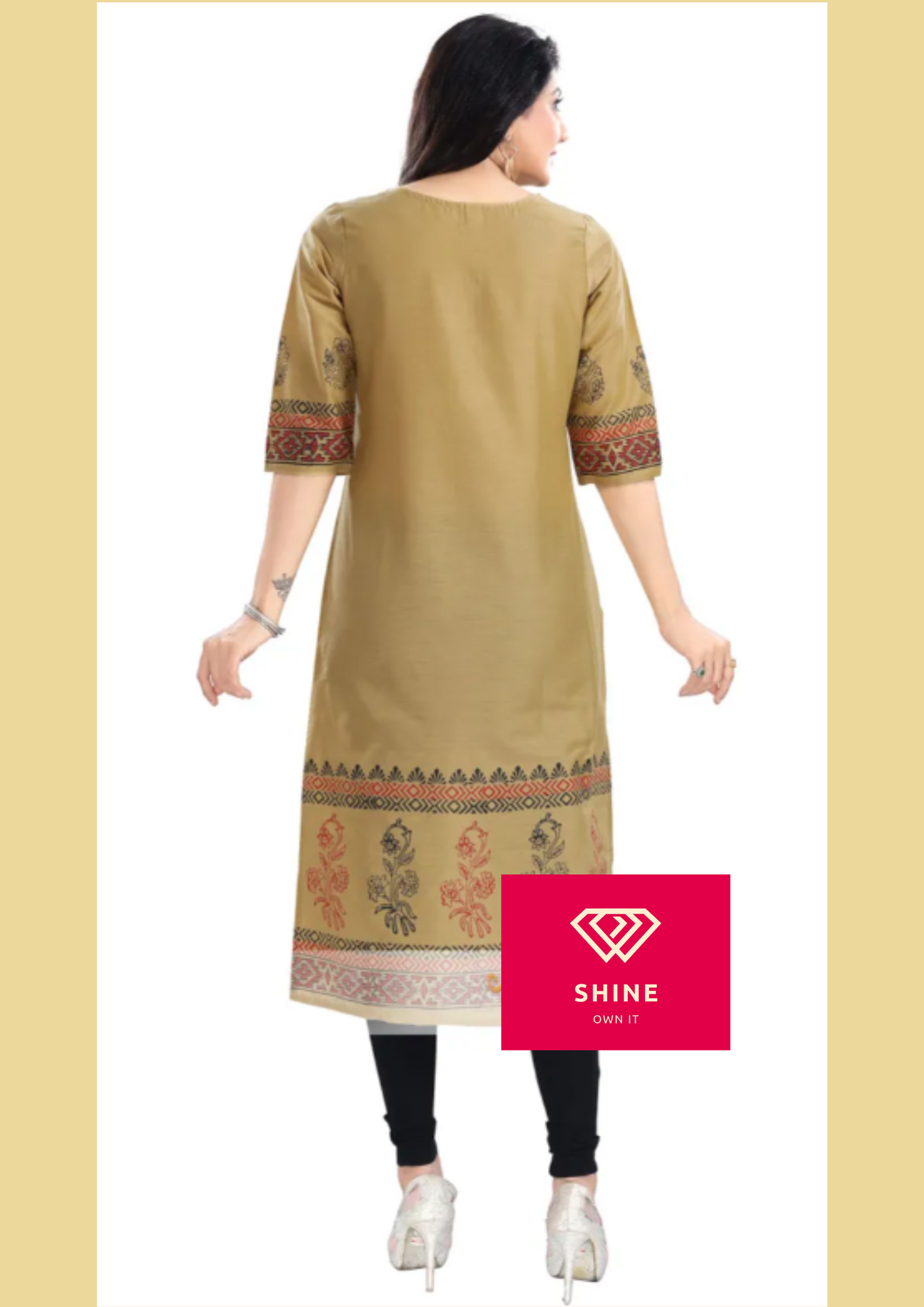 Beige Cotton Silk Block Print Long Kurta For Women