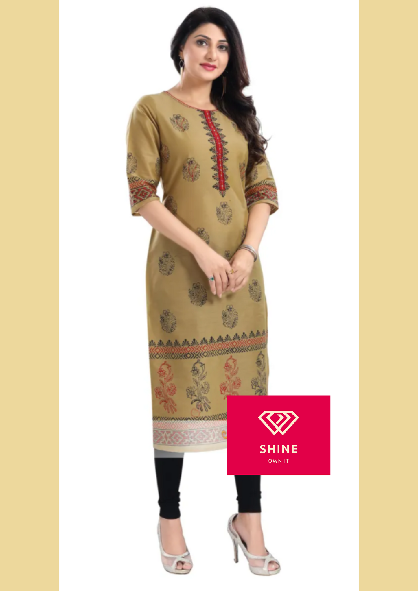 Beige Cotton Silk Block Print Long Kurta For Women