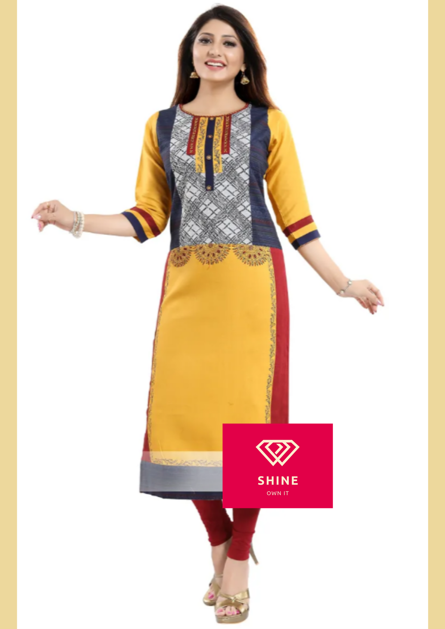 Glow On Yellow Designer Fancy Fabric Long Kurti with Buttons