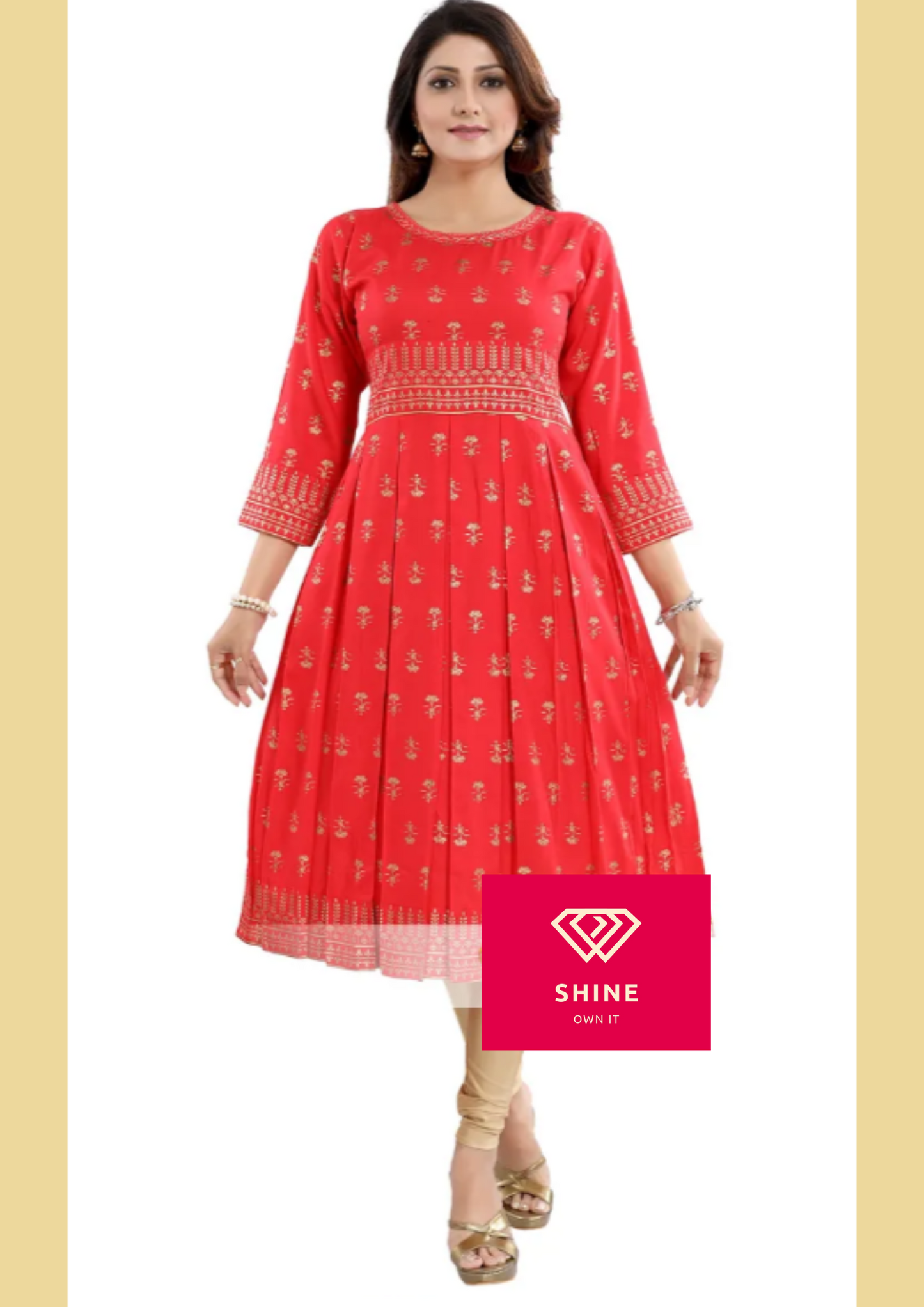 Flamboyant Red Rayon Printed Frock Style Tunic with Block Pleats