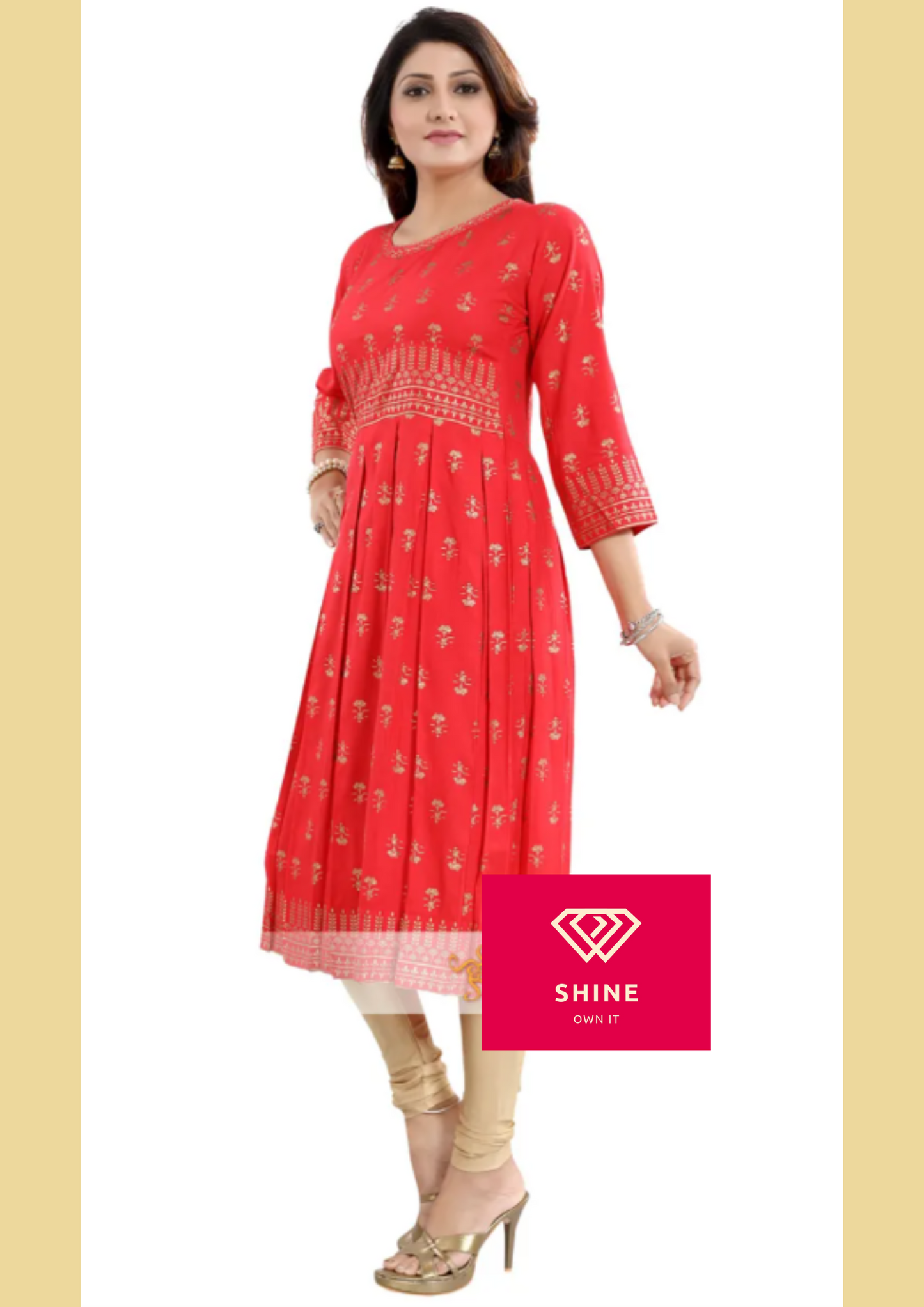 Flamboyant Red Rayon Printed Frock Style Tunic with Block Pleats