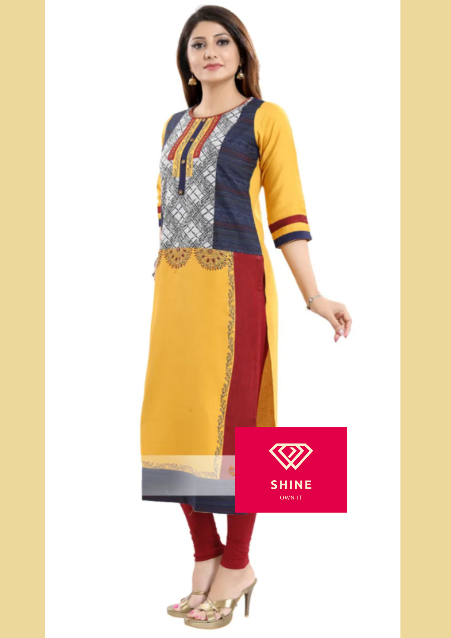 Glow On Yellow Designer Fancy Fabric Long Kurti with Buttons