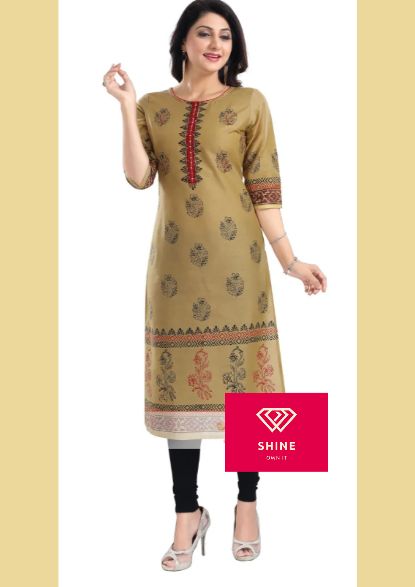 Beige Cotton Silk Block Print Long Kurta For Women