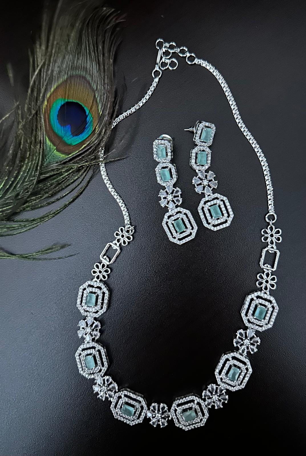 Beautiful and Elegant American Diamond Necklace and Earrings (Mint Green)