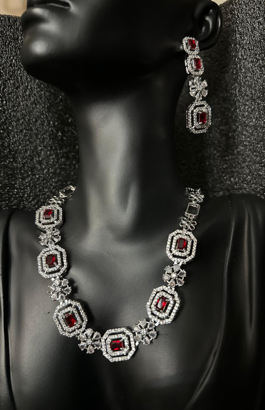 Beautiful and Elegant American Diamond Necklace and Earrings (Ruby Red)