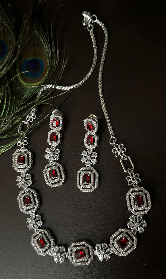 Beautiful and Elegant American Diamond Necklace and Earrings (Ruby Red)