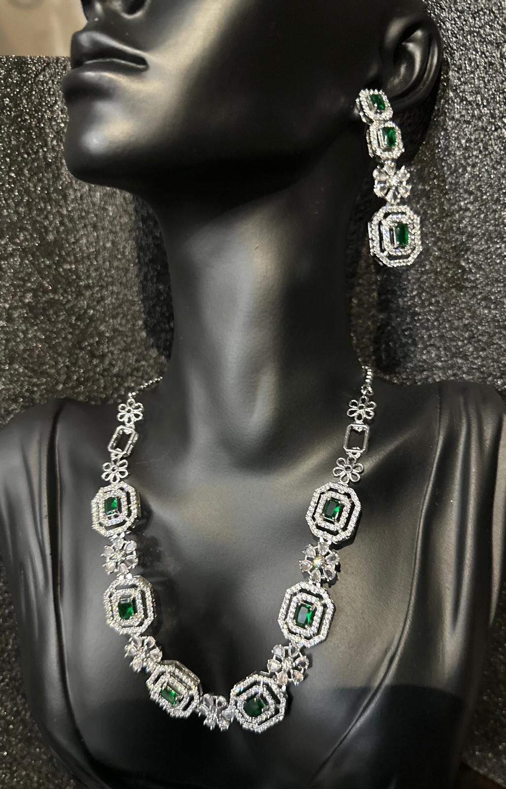 Beautiful and Elegant American Diamond Necklace and Earrings (Gorgeous Green)