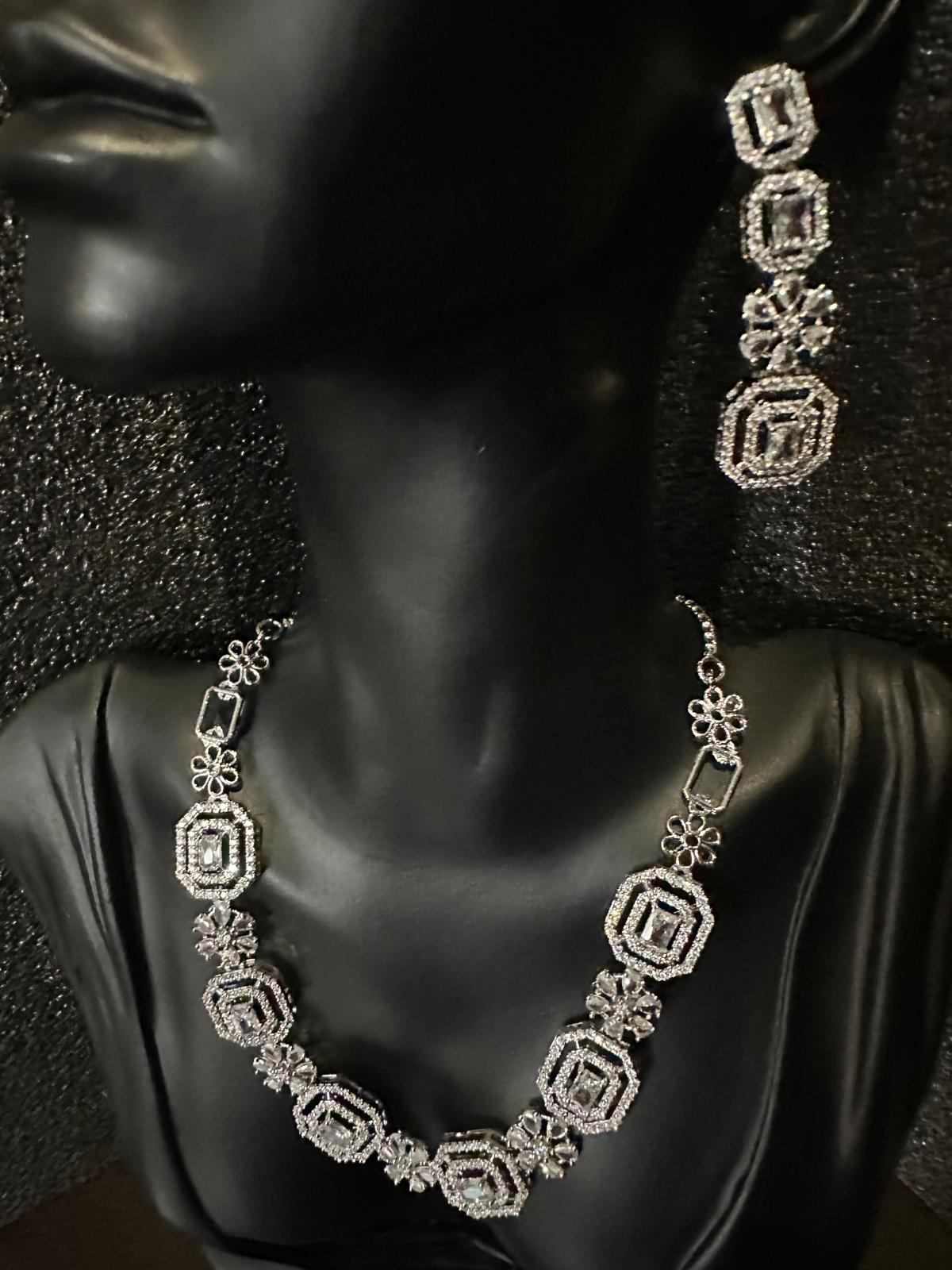 Beautiful and Elegant American Diamond Necklace and Earrings (Starry Silver)