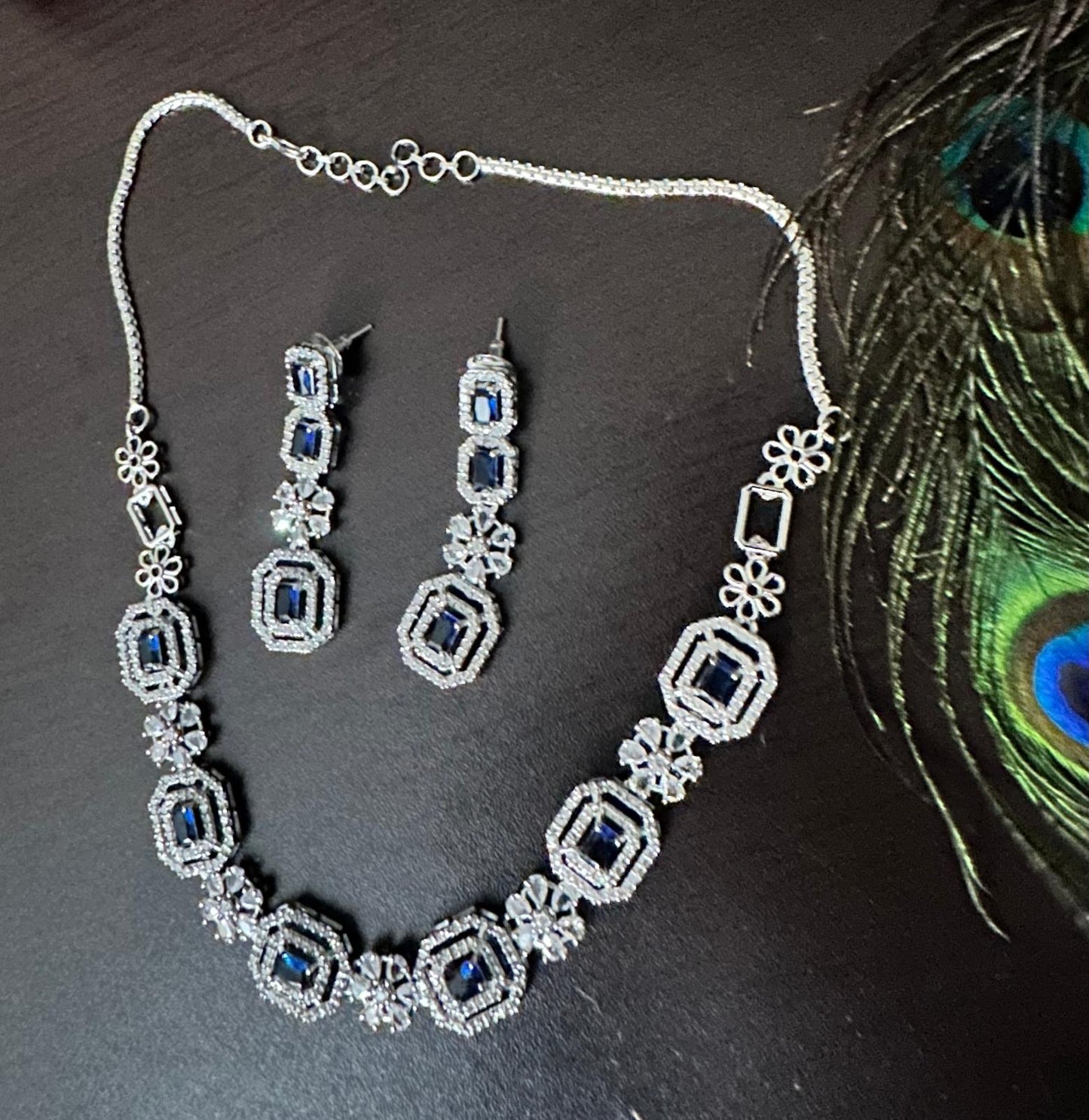 Beautiful and Elegant American Diamond Necklace and Earrings (Sapphire Blue)