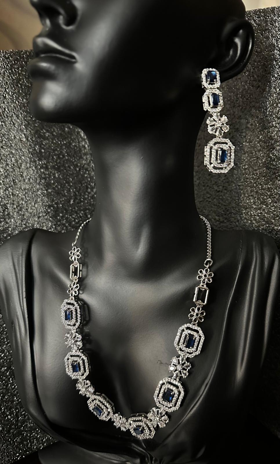 Beautiful and Elegant American Diamond Necklace and Earrings (Sapphire Blue)