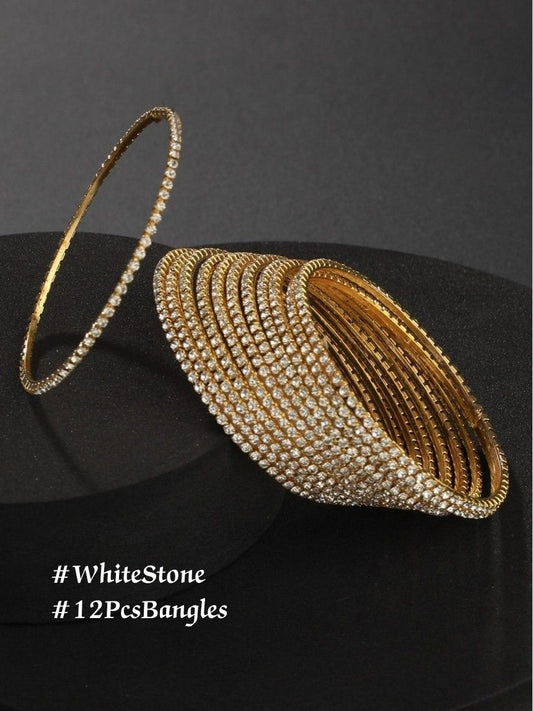 12PCS GOLDEN PLATING WHITE STONE BANGLES